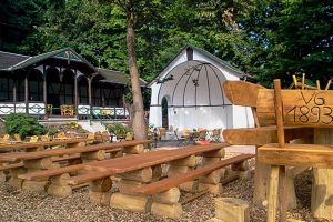 Ansicht auf den Biergarten mit 1,7m hohem Tisch und ansonsten mit 4m langen Sitztafeln - Blick auf die Konzertmuschel  im Hintergrund der 21 Meter lange Sommerpavillon im Volksgarten